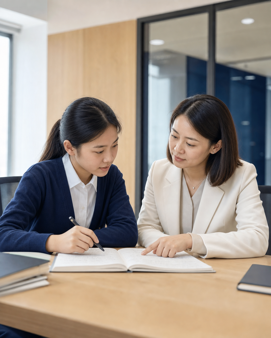 教师与学生在教学中心进行一对一学习交流